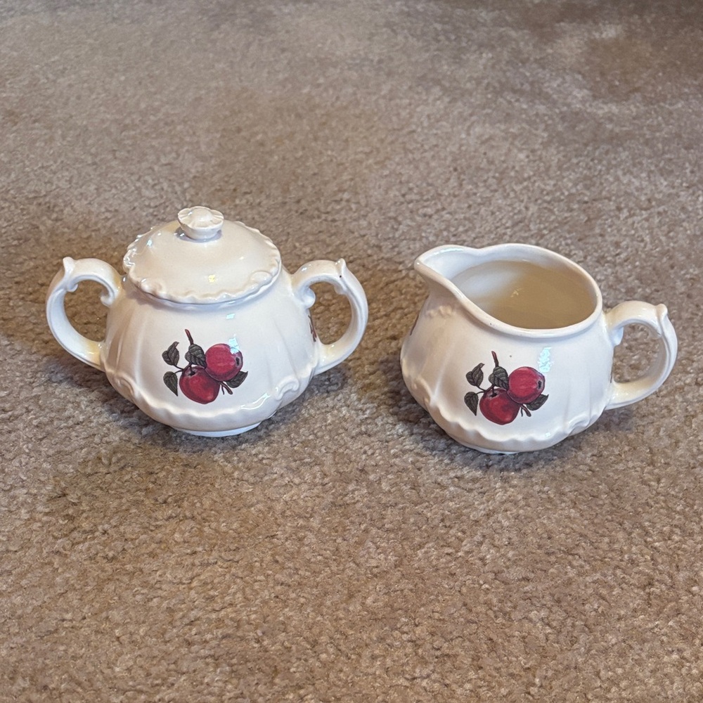 Creamy White Ceramic Sugar & Creamer Set with Red Apple Motif